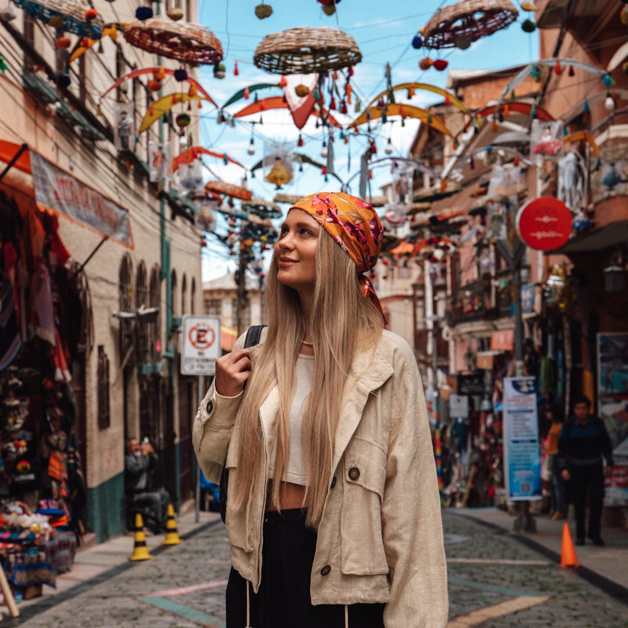 Traditions in Bolivia Exploring colorful decorated street in La Paz, Bolivia