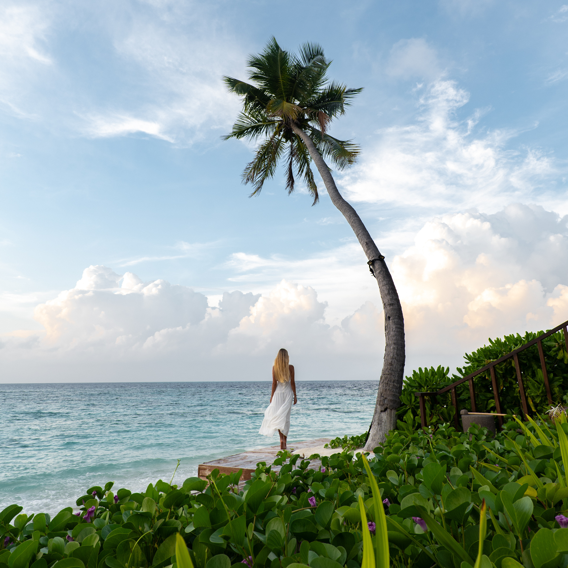 Woman in white dress standing under palm tree by the ocean in the Maldives