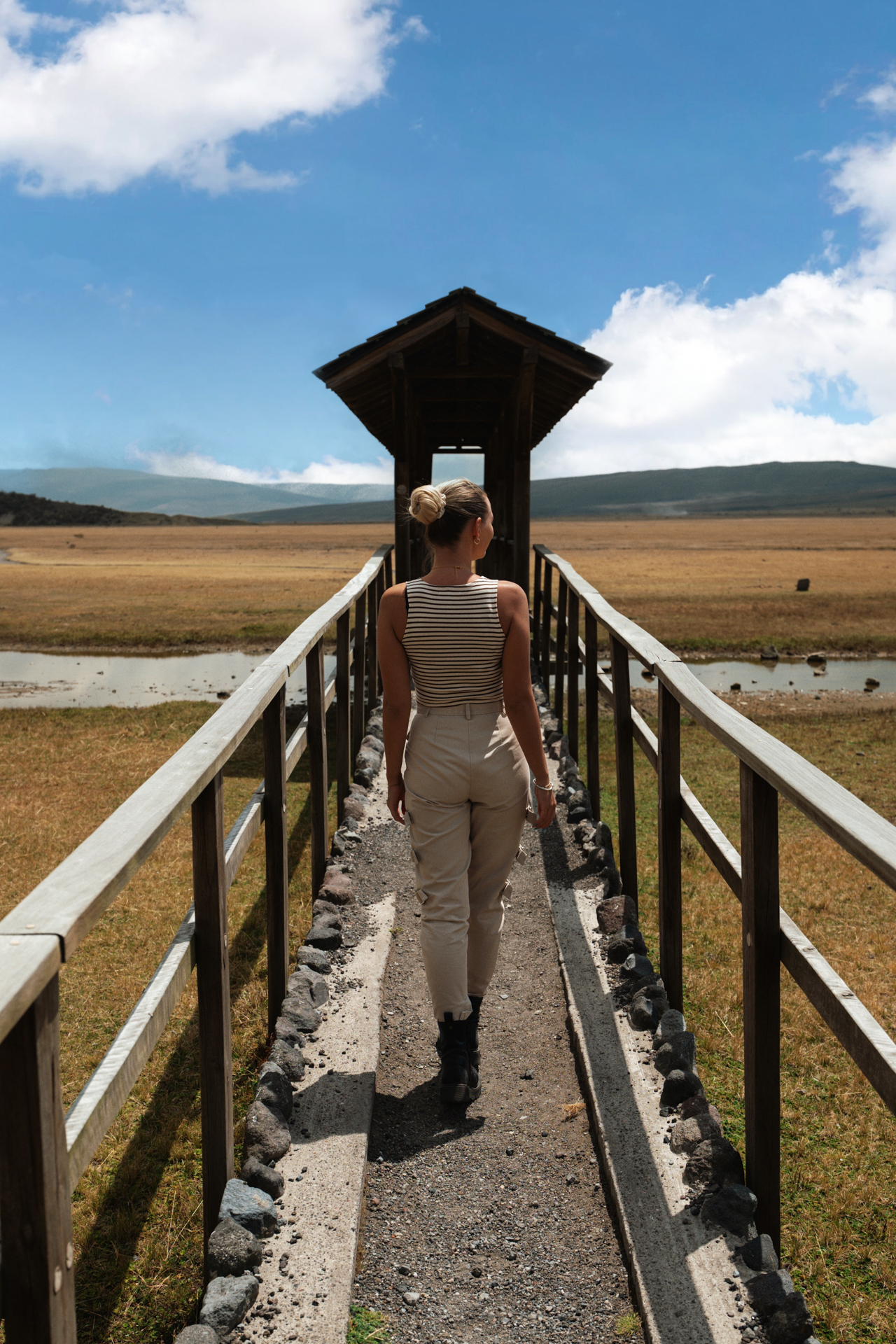 Cotopaxi Woman walking along a wooden pathway in Cotopaxi National Park, Ecuador, surrounded by open grasslands and distant Andean mountains under a bright blue sky.