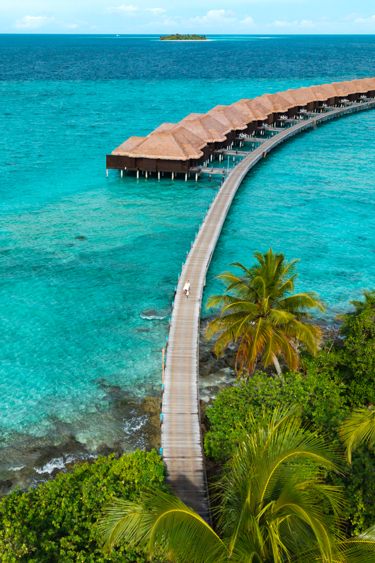 The Maldives Aerial view of an overwater villa resort names Ayada in the Maldives.