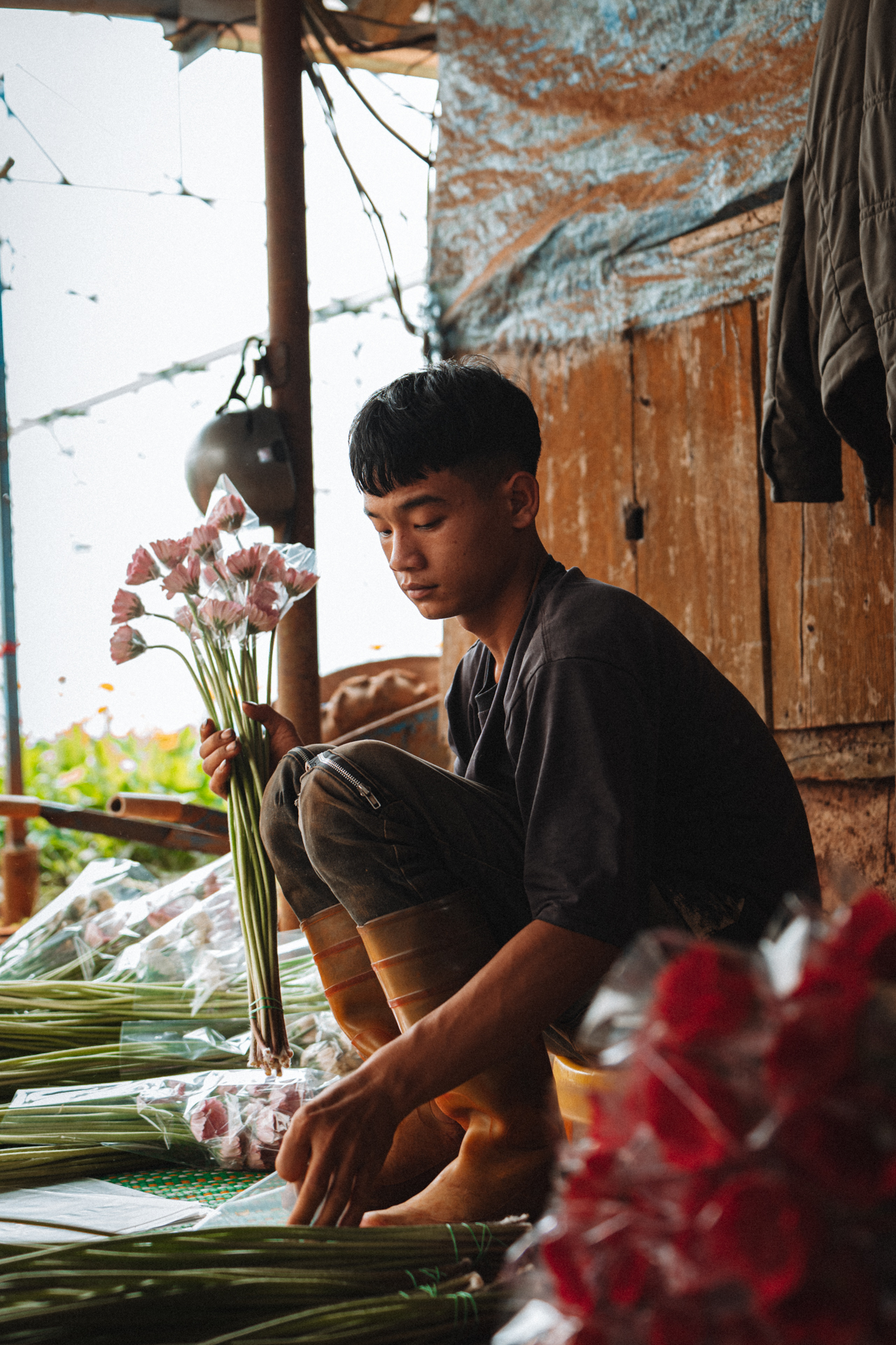 Da Lat, Vietnam Man arranging flowers at a market stall in Da Lat, Vietnam.